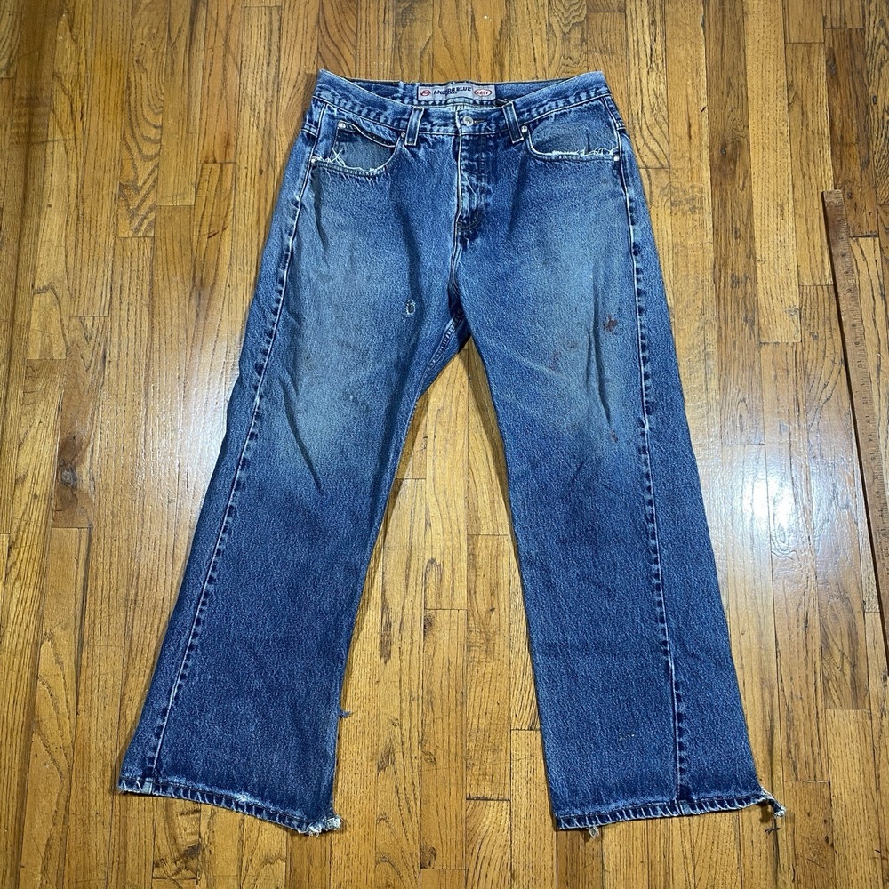 Anchor Blue Denim Jeans Easy Fit Wide Leg Flared 34 x 29 Y2K Skater